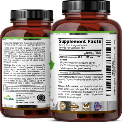 Zazzee USDA Organic Fenugreek 30:1 Extract, 120 Capsules, 4 Month Supply | Vegan, Breastfeeding & Lactation Support for Nursing Mothers, Organic Herbal Supplement, All-Natural, Non-GMO, Made in USA Gsupps Australia
