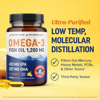 Triple Strength Omega 3 Fish Oil 1200 mg | EPA & DHA | Wild Caught, Sustainably Sourced Omega-3 Fatty Acids | Premium Burpless Fish Oil Supplements MAV NUTRITION
