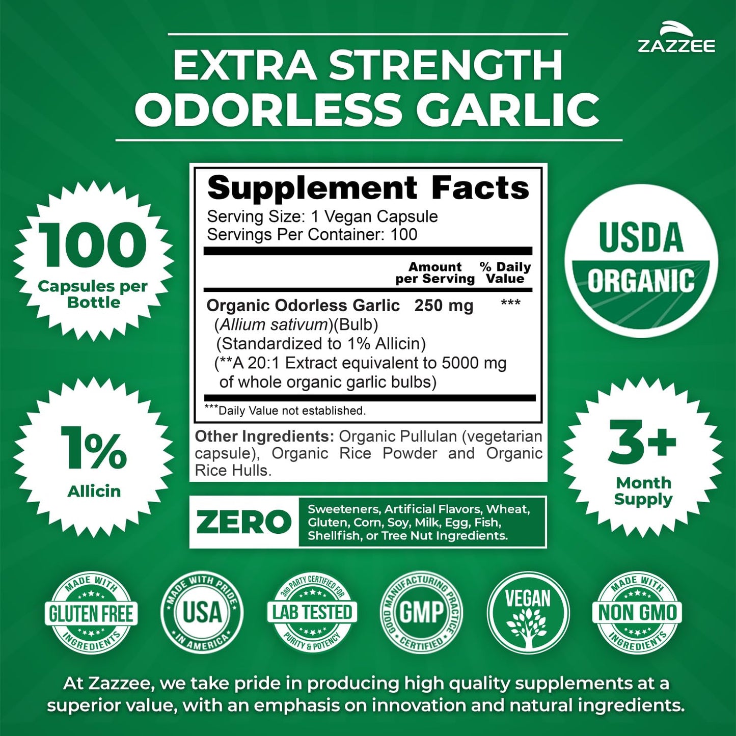 Zazzee USDA Organic Odorless Garlic 20:1 Extract, 1% Allicin, 100 Vegan Capsules, 3+ Month Supply, Allium Sativum, Immune, Circulation & Heart Health Support Zazzee