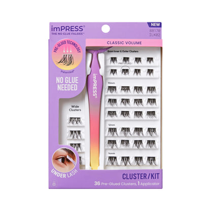 Kiss Impress Falsies Self Adhesive Eyelashes, Press On Lashes, 12mm-14mm Glam Volume Lashes, Black, No Glue Needed, Invisible Band, 36 Lash Clusters & Non-Stick Applicator - Voluminous imPRESS