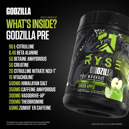 RYSE Godzilla X Noel Deyzel Pre Workout Powder - Monsterberry Lime - 400mg Caffeine, High Stim Pre-Workout for Men & Women with Citrulline & Beta Alanine - Energy, Pump & Focus - 20/40 Servings