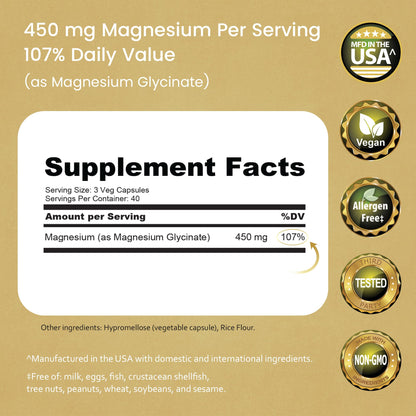 NaturaLife Labs Magnesium Glycinate - 450 mg per Serving – 120 Vegan Capsules - Non-GMO, Gluten-Free, Vegan NaturaLife Labs