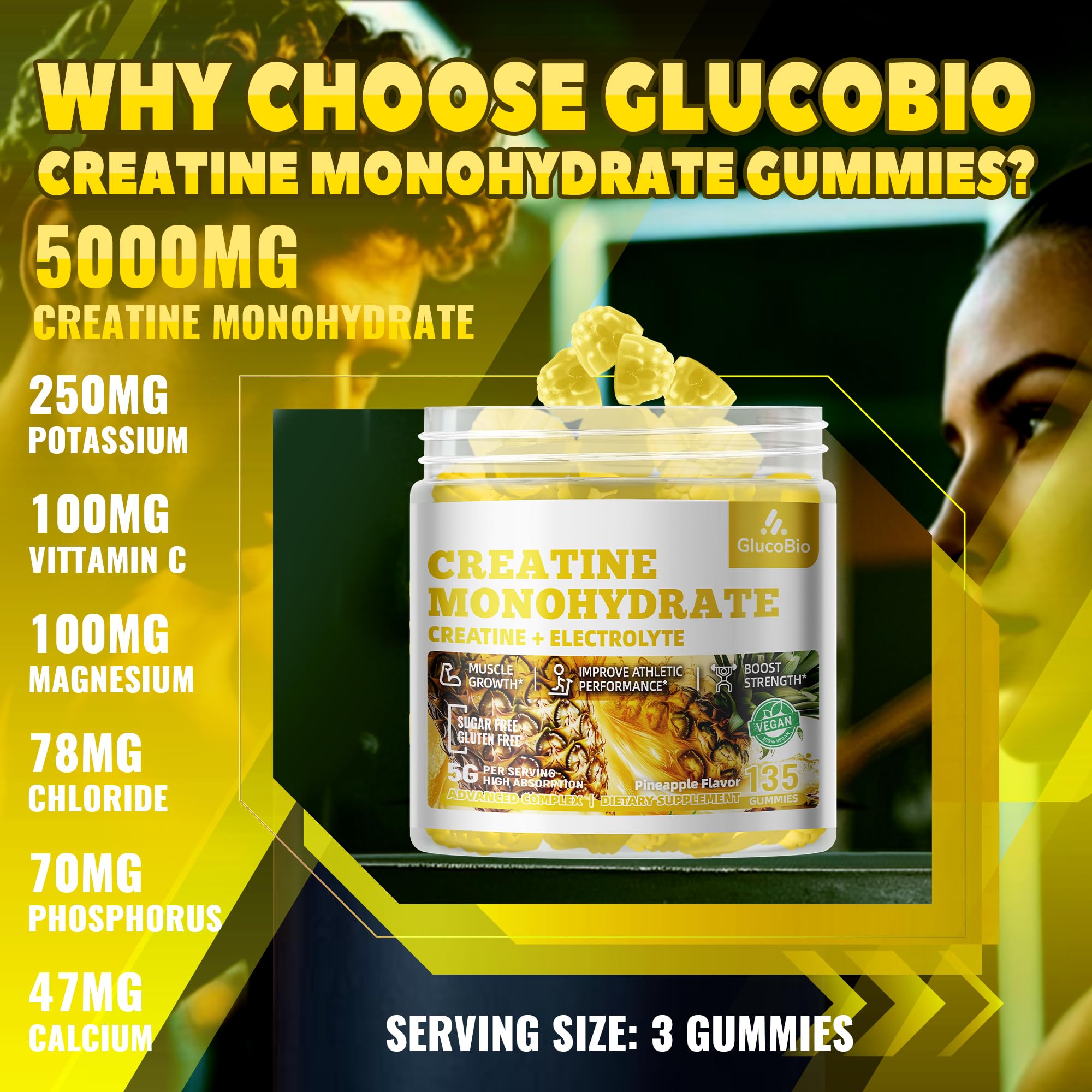 GlucoBio Creatine Monohydrate Gummies (5g) – Pre-Workout Energy & Muscle Growth Support for Men & Women | Pineapple Electrolyte Gummies (135 Count) GlucoBio buy australia supplements