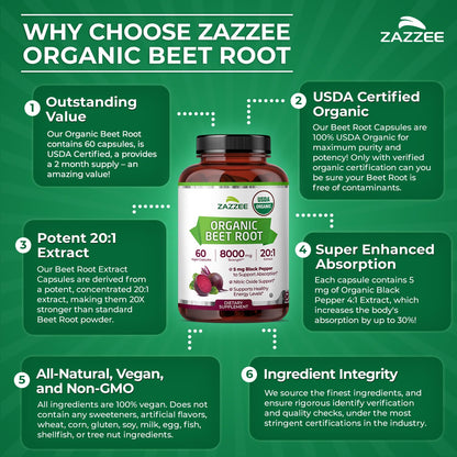 Zazzee USDA Organic Beet Root 20:1 Extract, 120 Quick Release Capsules | 4 Month Supply, Vegan, Nitric Oxide Support, Black Pepper Extract for Enhanced Absorption, Certified Kosher, Made in the USA Gsupps Australia