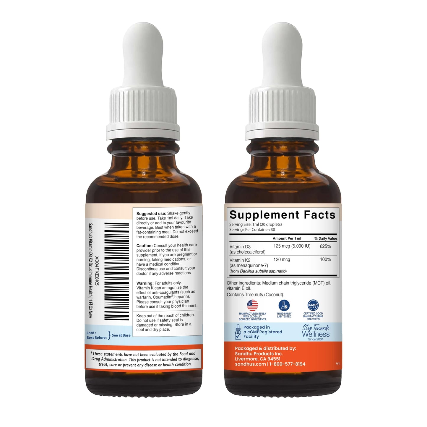 Sandhu's Vitamin D3 K2 Drops for Adults | 5000 IU D3 Liquid, 120mcg K2 Supplement 1 Fl Oz (Pack of 2) | D3K2 Supports Superior Absorption Sandhu's