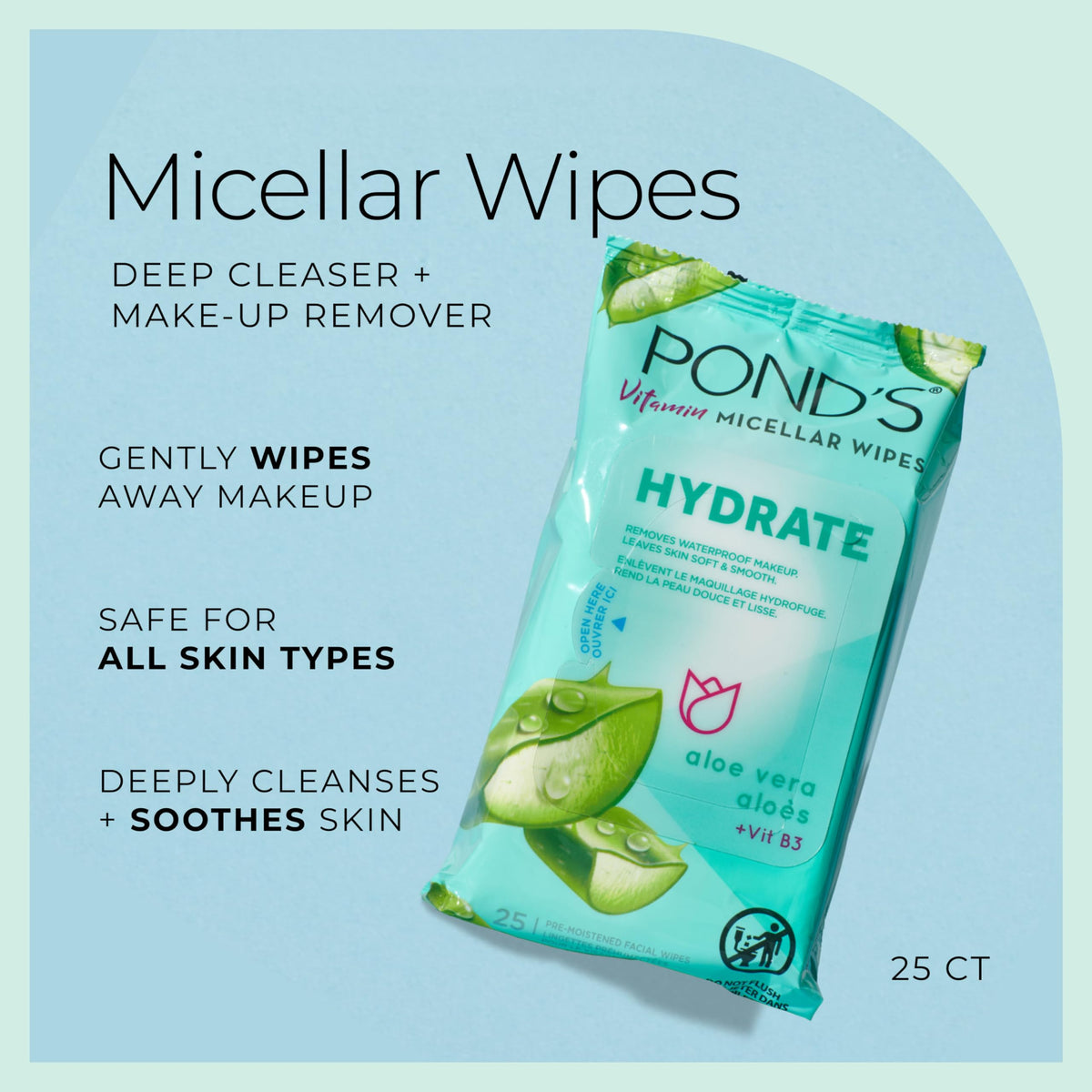 POND’S Micellar Makeup Remover Wipes, Removes Waterproof Mascara, with Aloe Vera & Vitamin B3, Alcohol-Free Facial Cleansing Wipes for Dry Skin, 25 Count POND'S