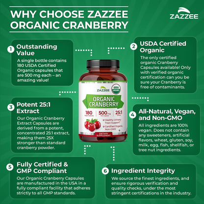 Zazzee USDA Organic Cranberry 25:1 Extract, 500mg per Capsule, 100 Capsules | Vegan, 3+ Month Supply, Certified Kosher, Vaccinium Macrocarpon, Non-GMO, Made in the USA Gsupps Australia