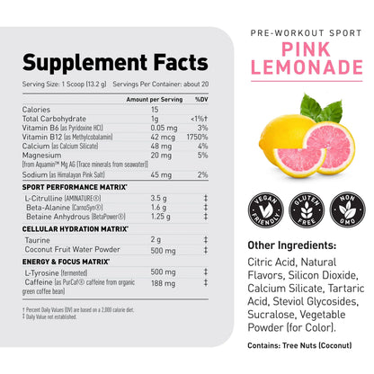 Kaged Sport Pre Workout Powder for Men & Women, Pink Lemonade, Sport Certified, 188mg Caffeine, Nitric Oxide, Beta Alanine, 20 Servings Kaged