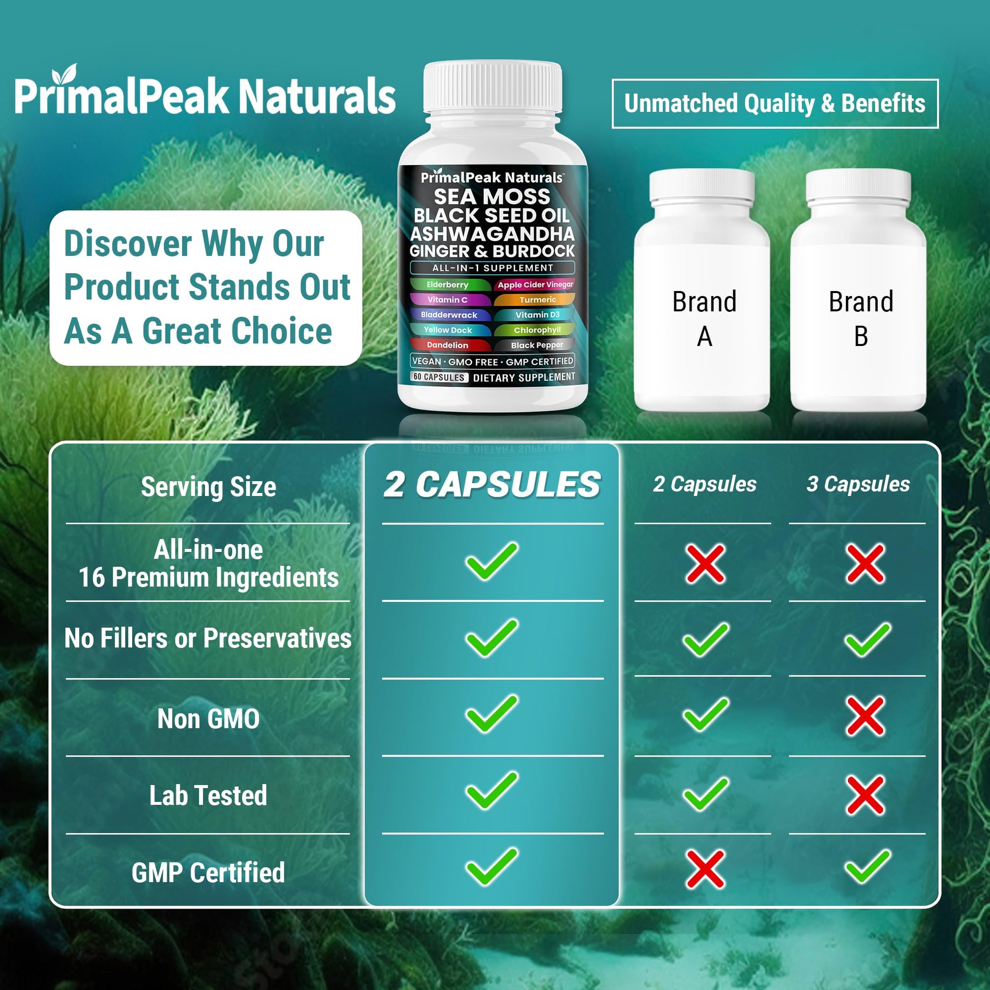 PrimalPeak Naturals Sea Moss Black Seed Oil Ashwagandha Ginger Burdock Bladderwrack Turmeric & Vitamin C Vitamin D3 with ACV Elderberry Chlorophyll Dandelion Yellow Dock Vegan Capsules - 60 Count PrimalPeak Naturals buy australia supplements