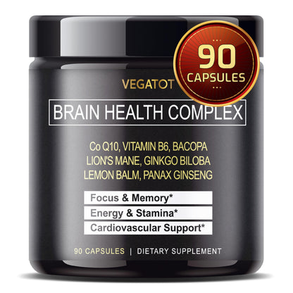 VEGATOT Brain Booster Brain Health Complex Supplement Concentrated with CoQ-10 VIT B6 Lion's Mane Ginkgo Biloba Lemon Balm Ginseng VEGATOT