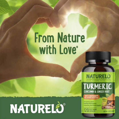 NATURELO Turmeric Curcumin - BioPerine for Better Absorption - Black Pepper, Ginger Root, Curcuminoids - Plant-Based Joint Discomfort Support NATURELO