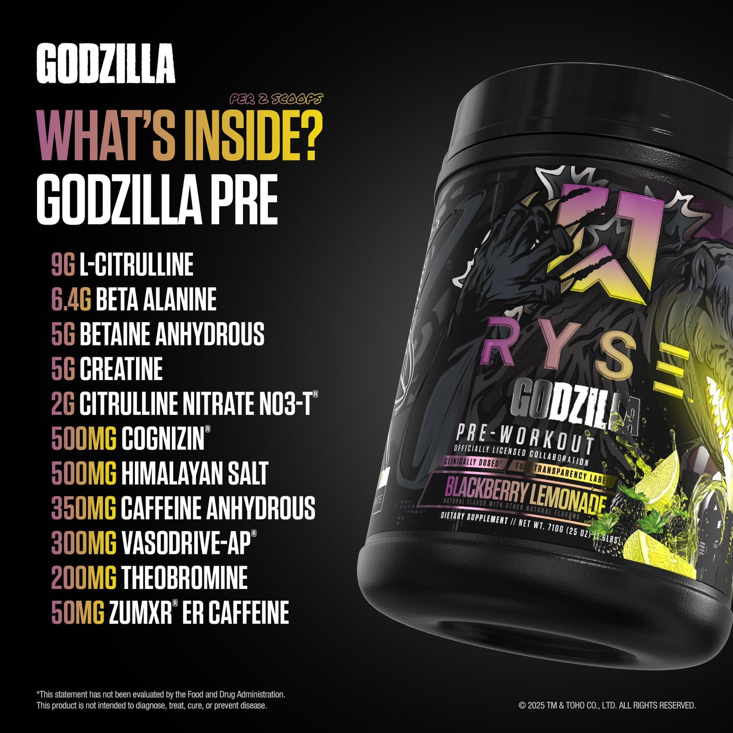 RYSE Godzilla X Noel Deyzel Pre Workout Powder - Monsterberry Lime - 400mg Caffeine, High Stim Pre-Workout for Men & Women with Citrulline & Beta Alanine - Energy, Pump & Focus - 20/40 Servings