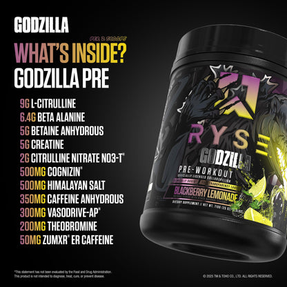 RYSE Godzilla X Noel Deyzel Pre Workout Powder - Monsterberry Lime - 400mg Caffeine, High Stim Pre-Workout for Men & Women with Citrulline & Beta Alanine - Energy, Pump & Focus - 20/40 Servings