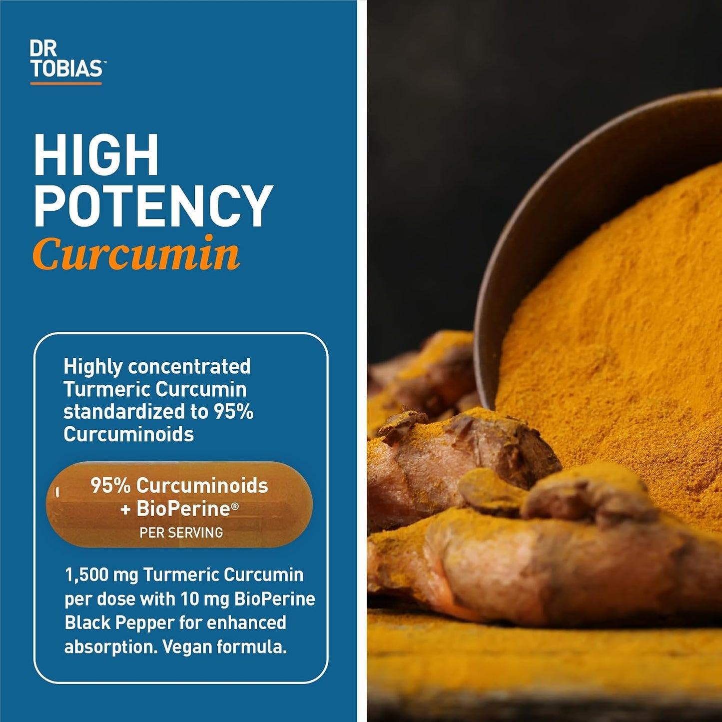 Dr. Tobias Turmeric Curcumin 1500mg with BioPerine – Extra Strength Supplement with 95% Curcuminoids for Joint Support, Overall Vitality & Immune Health, 120 Vegan Capsules, Non-GMO