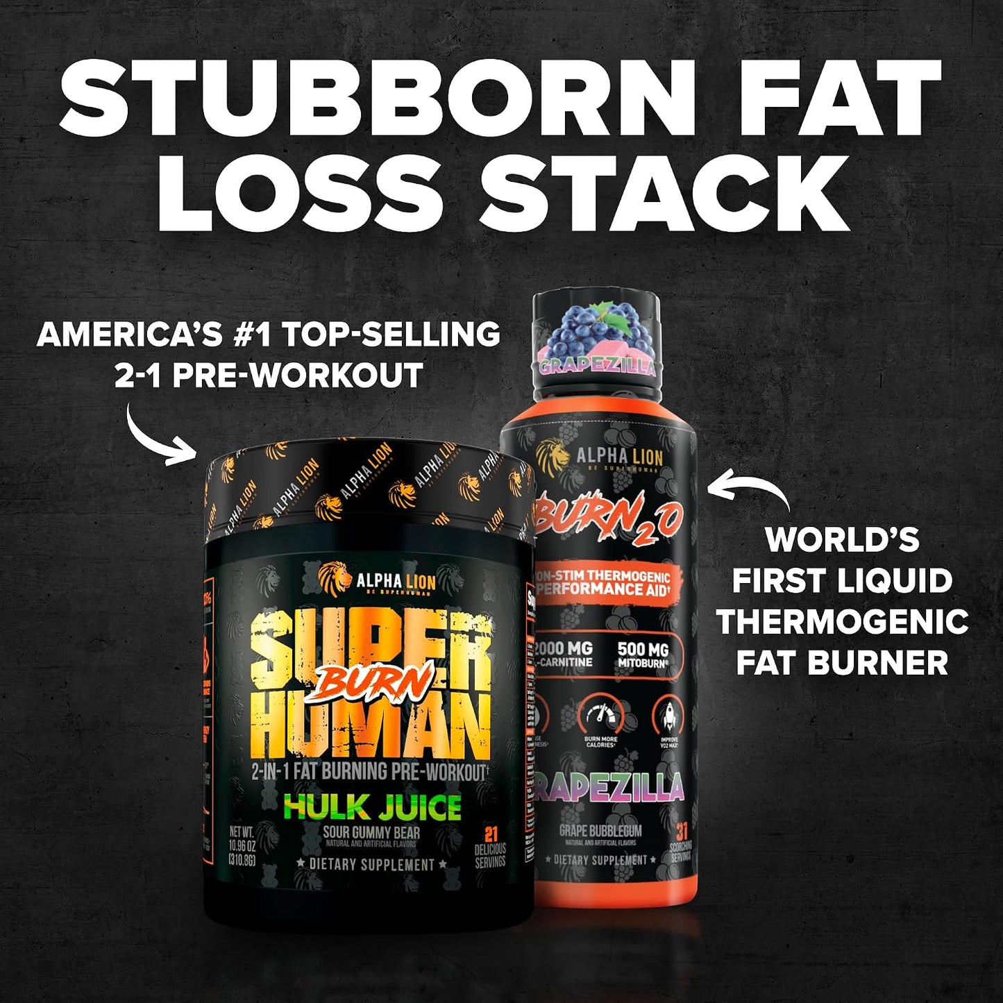 ALPHA LION Stubborn Fat Loss Stack – Superhuman Burn Pre Workout + Burn2O Liquid L-Carnitine 2000mg (ShredBerry) – 2-in-1 Thermogenic Fat Burning Stack for Men & Women