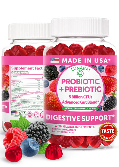 Lunakai USA Made Prebiotic + Probiotic Gummies for Women and Men - High Potency 5 Billion CFUs with Fibers Lunakai