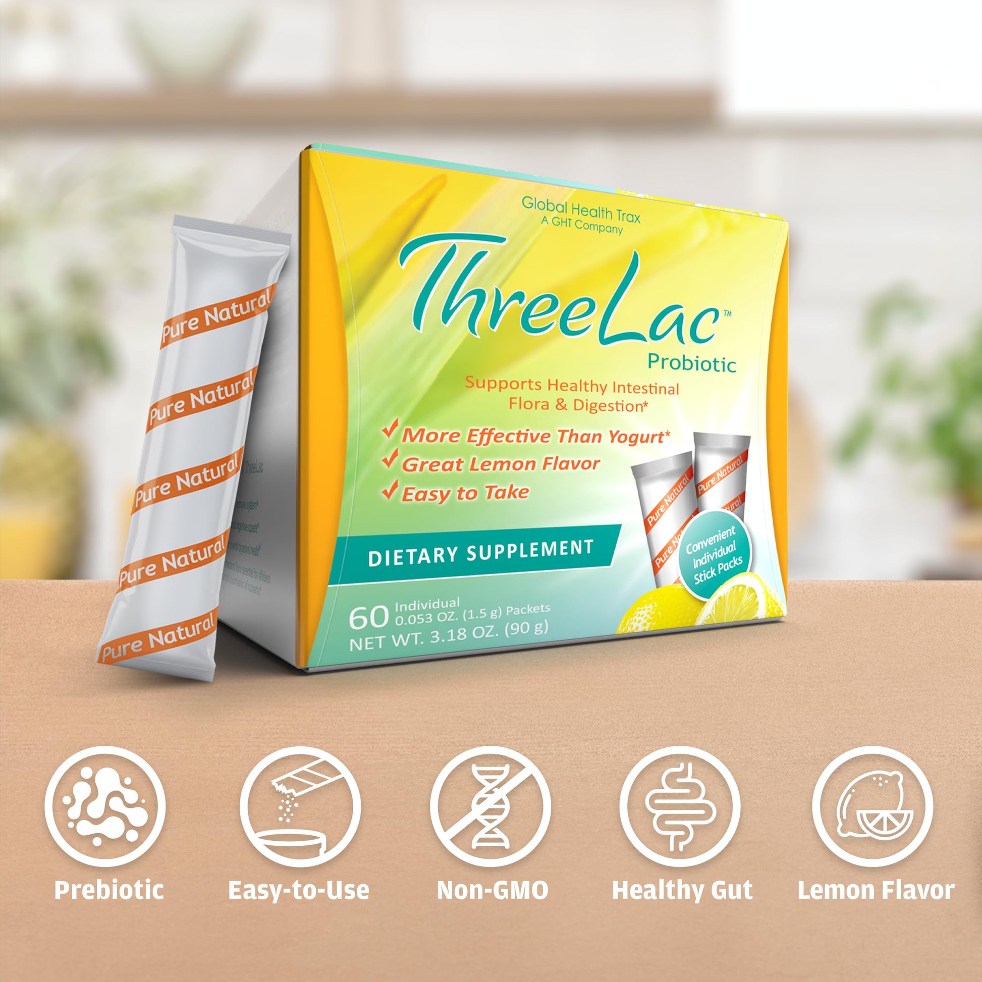 Global Health Trax ThreeLac Lemon Probiotic Drink Mix for Digestive Health - Advanced Probiotic Powder Formula for Men, Women, and Kids - Immune Support & Gut Balance, Non-GMO - 120 Packets ght Global Health TraxBuy Supplements Australia