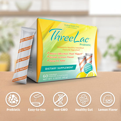 Global Health Trax ThreeLac Lemon Probiotic Drink Mix for Digestive Health - Advanced Probiotic Powder Formula for Men, Women, and Kids - Immune Support & Gut Balance, Non-GMO - 180 Packets ght Global Health TraxBuy Supplements Australia