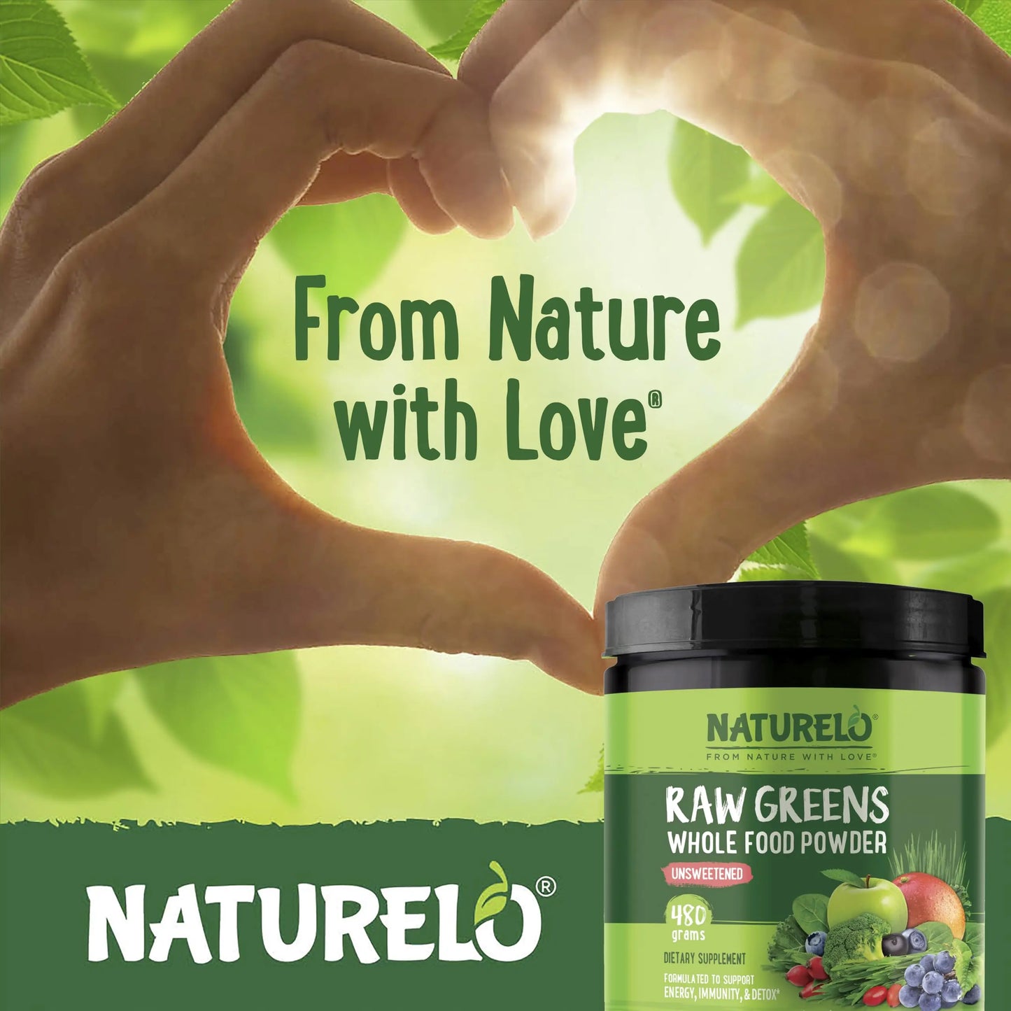 NATURELO Raw Greens Superfood Powder - Unsweetened - Boost Energy, Detox, Enhance Health - Organic Spirulina - Wheat Grass - Whole Food Nutrition from Fruits NATURELO
