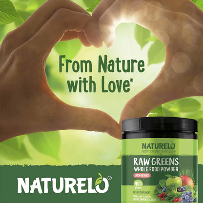 NATURELO Raw Greens Superfood Powder - Unsweetened - Boost Energy, Detox, Enhance Health - Organic Spirulina - Wheat Grass - Whole Food Nutrition from Fruits NATURELO