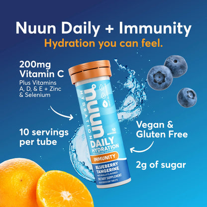 Nuun Immunity Electrolyte Tablets with Vitamin D, C, E, & A, Ginger, Elderberry, Magnesium & 4 Other Essential Electrolytes, Vegan, Blueberry Tangerine & Orange Citrus, 4 Pack (40 Servings Total) Nuun