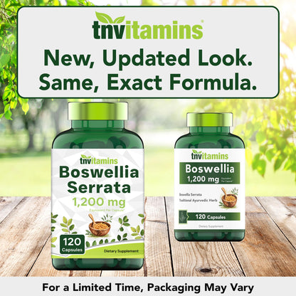 tnvitamins Boswellia Extract Capsules, 120 Count | 1,200 mg Per Capsule | 65% Boswellic Acids + 10:1 Concentrated Extract | Boswellia Serrata tnvitamins