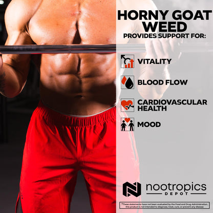 Nootropics Depot Horny Goat Weed Capsules | 200mg | 30 Count | Minimum 50% Icariin | Epimedium brevicornum