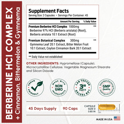 ForestLeaf Berberine Supplement - 1300mg per Serving - Ultra High Potency Berberine HCl with Ceylon Cinnamon, Bitter Melon & Gymnema ForestLeaf