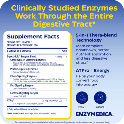 Enzymedica Digest Gold - Digestive Enzyme Supplement for Women & Men, Enzyme Capsules for Digestion, Gut Health Support, Helps Gas & Bloating, ATPro Energy Support, Enzymedica
