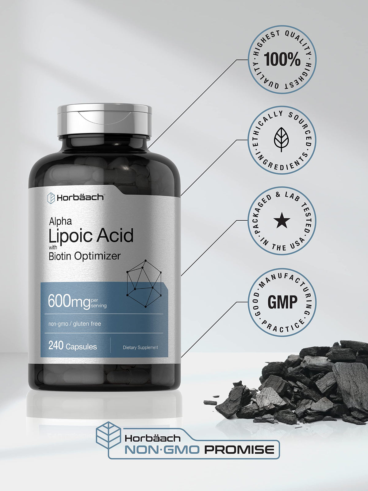 Horbäach Alpha Lipoic Acid 600mg | 240 Capsules | with Biotin Optimizer | Non-GMO and Gluten Free Supplement Horbäach