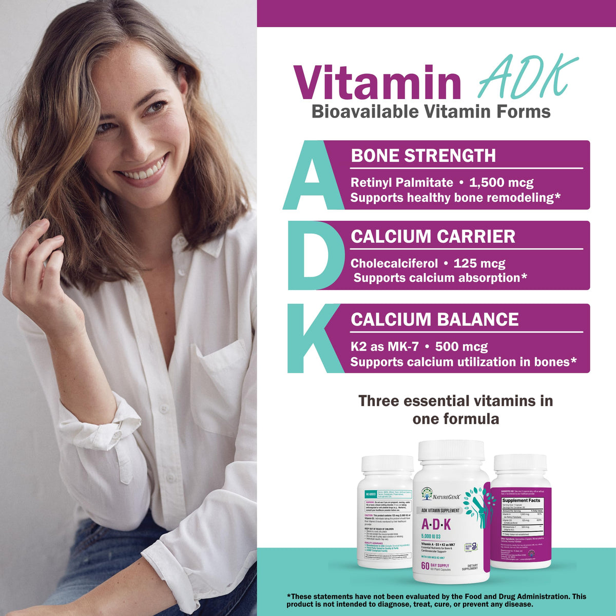 NatureGenX ADK Vitamin Supplement – Vitamins A, D3 & K2 MK-7 for Bone Health & Calcium Absorption – Gluten-Free, Non-GMO, Soy-Free NatureGenX