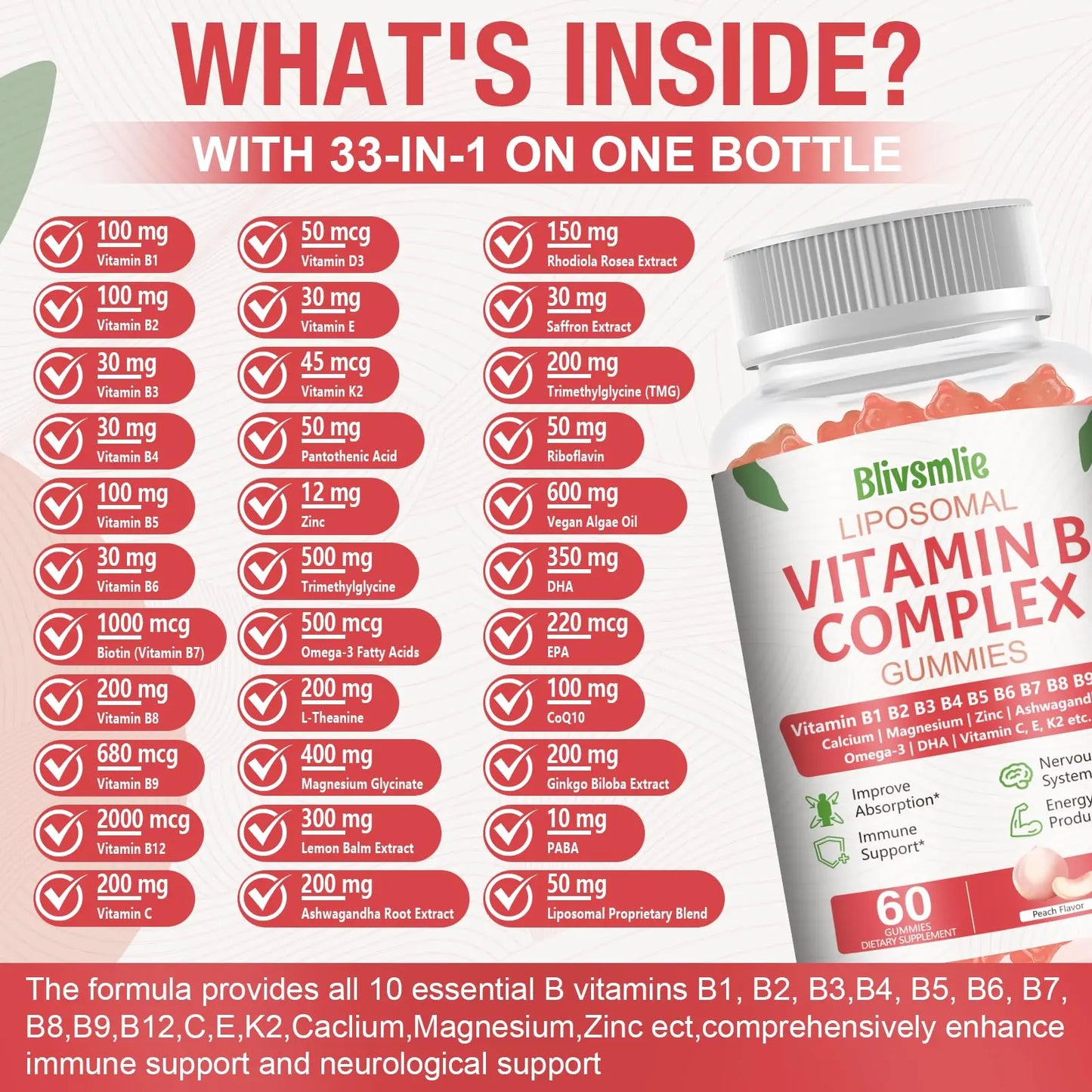Blivsmlie 2 Pack 33-in-1 Liposomal Vitamin B Complex Gummies -B1, B2, B3, B4, B5, B6, B7, B8, B9,B12 | Vitamin C, D3,K2|Calcium,Magnesiun,Zinc etc.for Energy Blivsmlie