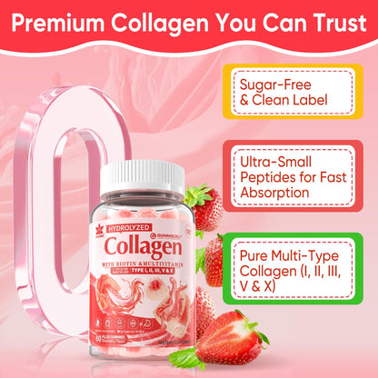 Collagen Peptide Gummies for Women & Men Sugar-Free, Multi Collagen Hydrolyzed w/ 1500mg Protein Type I,II,III,V,X, 5000mcg Biotin, Methylated B12, Vitamin C A E D3 B6 LILICARE