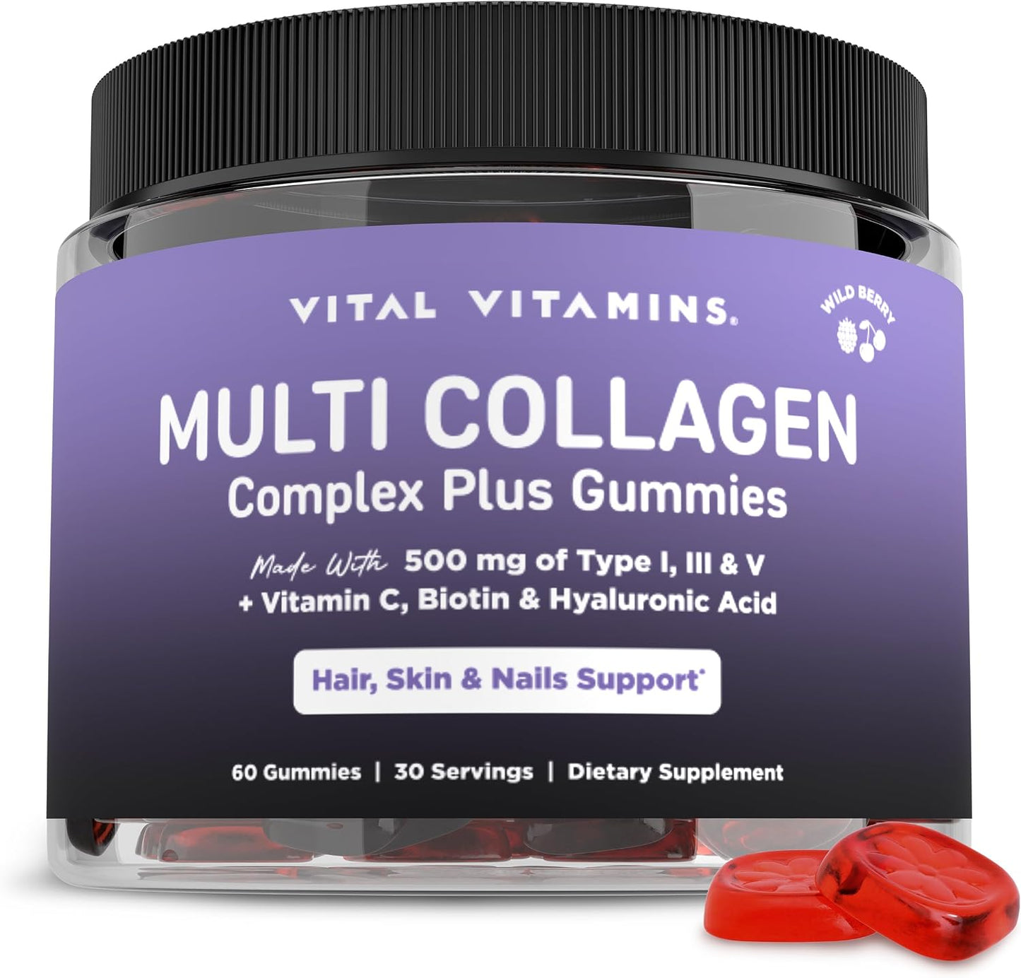 Vital Vitamins Multi Collagen Complex Plus Gummies - Collagen Peptides Types I, III & V with Hyaluronic Acid, Biotin, Vitamin C & Vitamin D - Hair, Skin & Nail Support - Wild Berry - 60 Count Gsupps Australia
