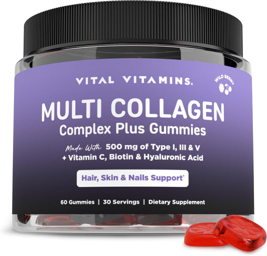 Vital Vitamins Multi Collagen Complex Plus Gummies - Collagen Peptides Types I, III & V with Hyaluronic Acid, Biotin, Vitamin C & Vitamin D - Hair, Skin & Nail Support - Wild Berry - 60 Count Gsupps Australia