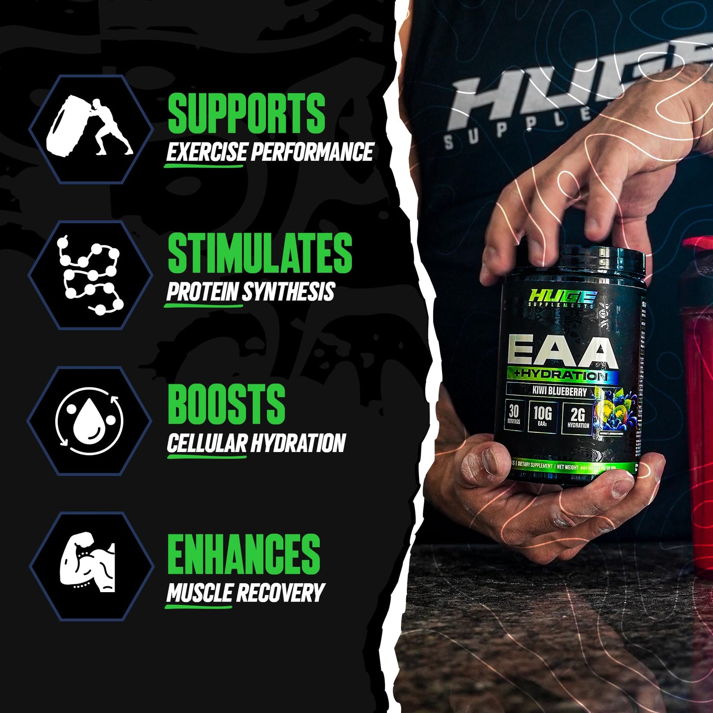 Huge EAA + Hydration, Essential Amino Acids Powder, EAAs & BCAAs, Intra & Post Workout Recovery Powder, Muscle Growth, Recovery & Performance, 10g EAAs & Electrolytes, Kiwi Blueberry, 30 Servings