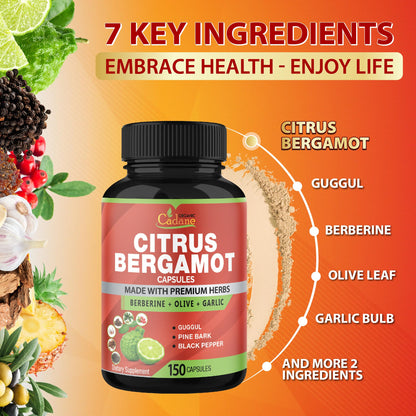 Cadane Citrus Bergamot Supplement Capsules with Berberine, Olive, Guggul, Garlic, Pine Bark, Black Pepper Organic Cadane