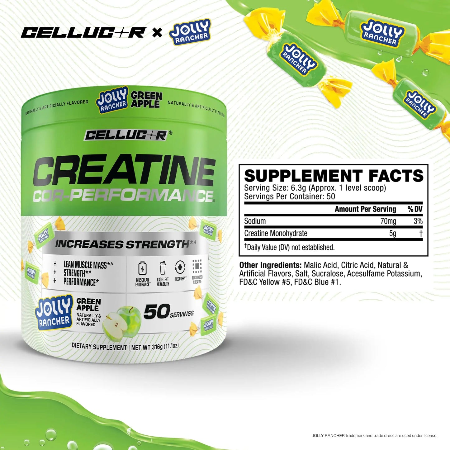 Cellucor Creatine Powder, Jolly Rancher Green Apple - Increases Strength, Lean Muscle Mass & Endurance, Micronized Creatine for Fast Absorption, Cellucor