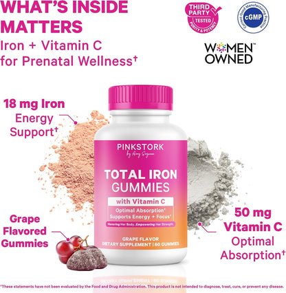 Pink Stork Prenatal Iron Supplement Gummies for Women, 20 mg, 60 Count | With Vitamin C for Absorption, Grape Flavor, Eases Iron Deficiency, Supports Energy + Oxygen Transport