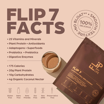 Flip My Life, Flip 7 Natural SuperFood, Plant-Based Protein, Complete Meal Replacement to Support Healthy Gut, 7 Mega Nutrient Rich Blends Flip My Life