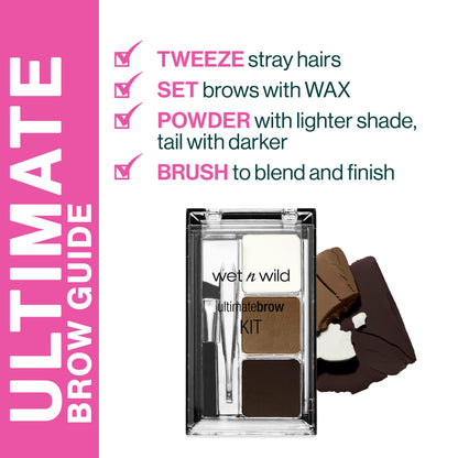 wet n wild Ultimate Eyebrow Makeup Kit, Long-Lasting Matte Brow Powder, Tweezers, Wax & Brush, Built-In Mirror, Purse-Friendly Compact - Dark Brown wet n wild