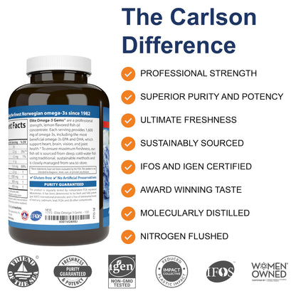 Carlson - Elite Omega-3 Gems, 1600 mg Omega-3 Fatty Acids Including EPA and DHA, Norwegian, Wild-Caught Fish Oil Supplement, Sustainably Sourced Omega Carlson