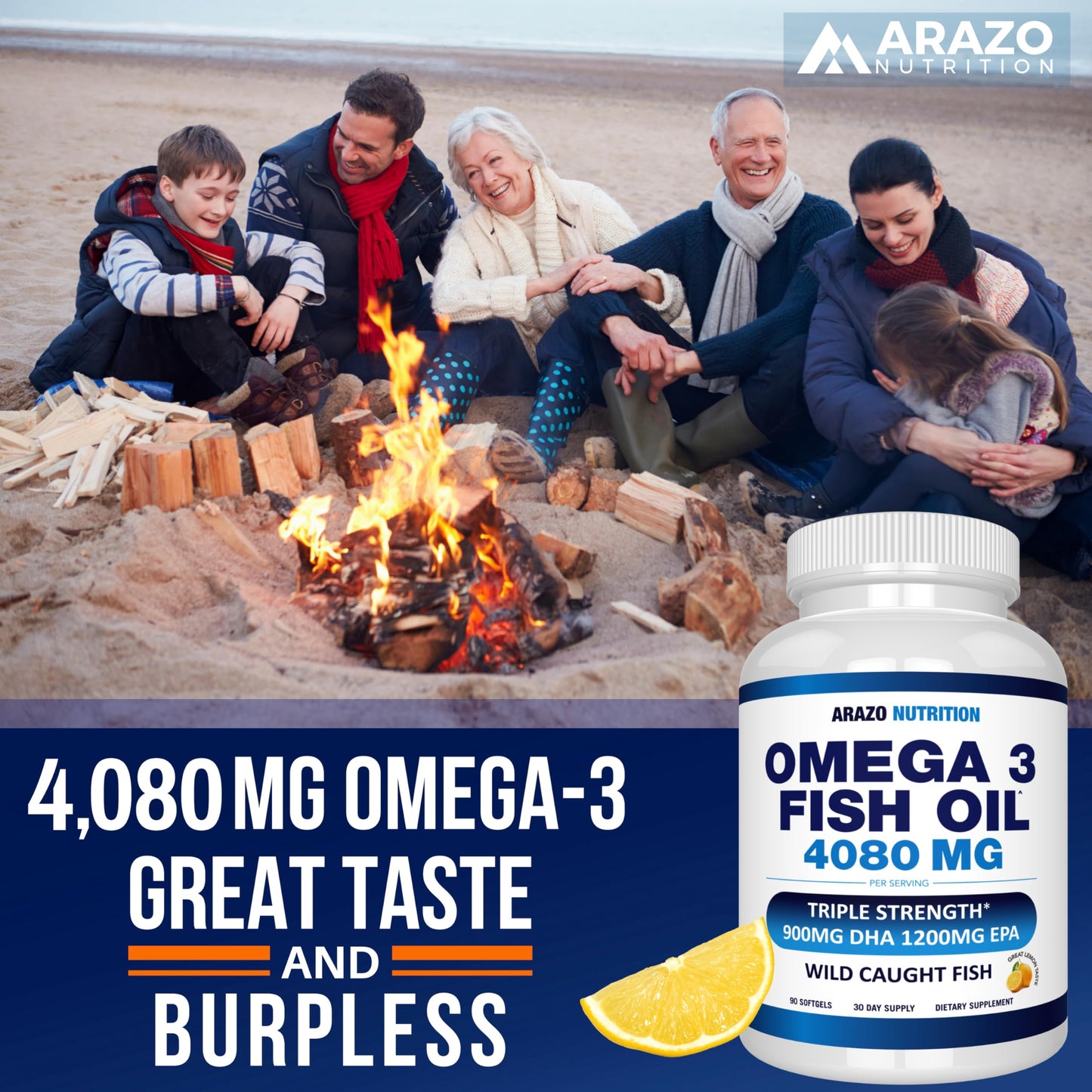 Arazo Nutrition Wild Caught Omega-3 Fish Oil Concentrate – 4,080mg per Serving – High EPA 1200mg & DHA 900mg – 120 Burpless Lemon Softgels Gsupps Australia