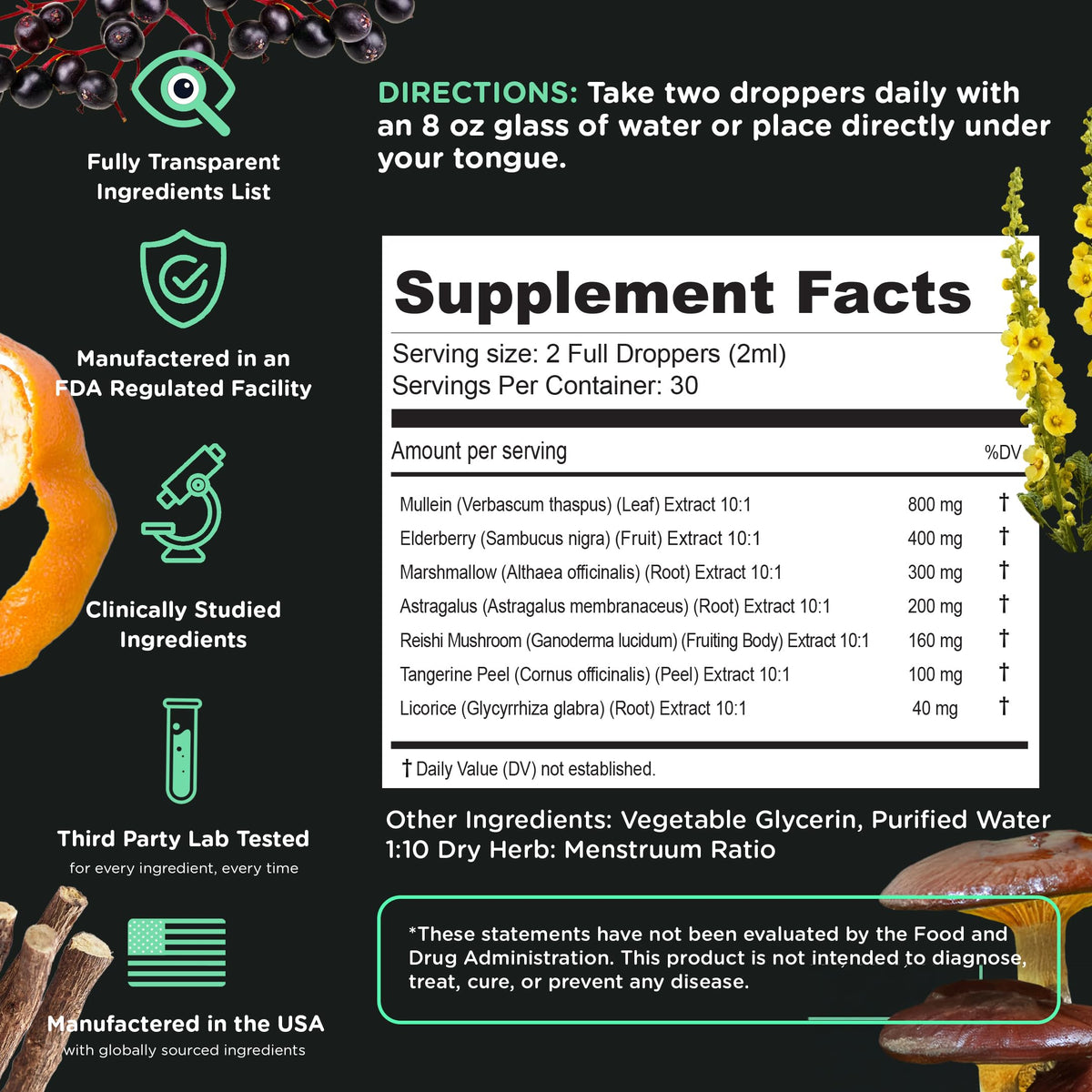 SuperBonsai Super Lungs Mullein Drops – Herbal Lung Support Tincture with Mullein Leaf Extract Elderberry Reishi Marshmallow Root SuperBonsai