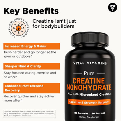 Vital Vitamins Creatine Monohydrate Pills, 3g for Women & Men | Supports Muscle Health, Energy & Cognitive Clarity, Micronized, Easy to Swallow, Non-GMO, 120 Capsules Gsupps Australia