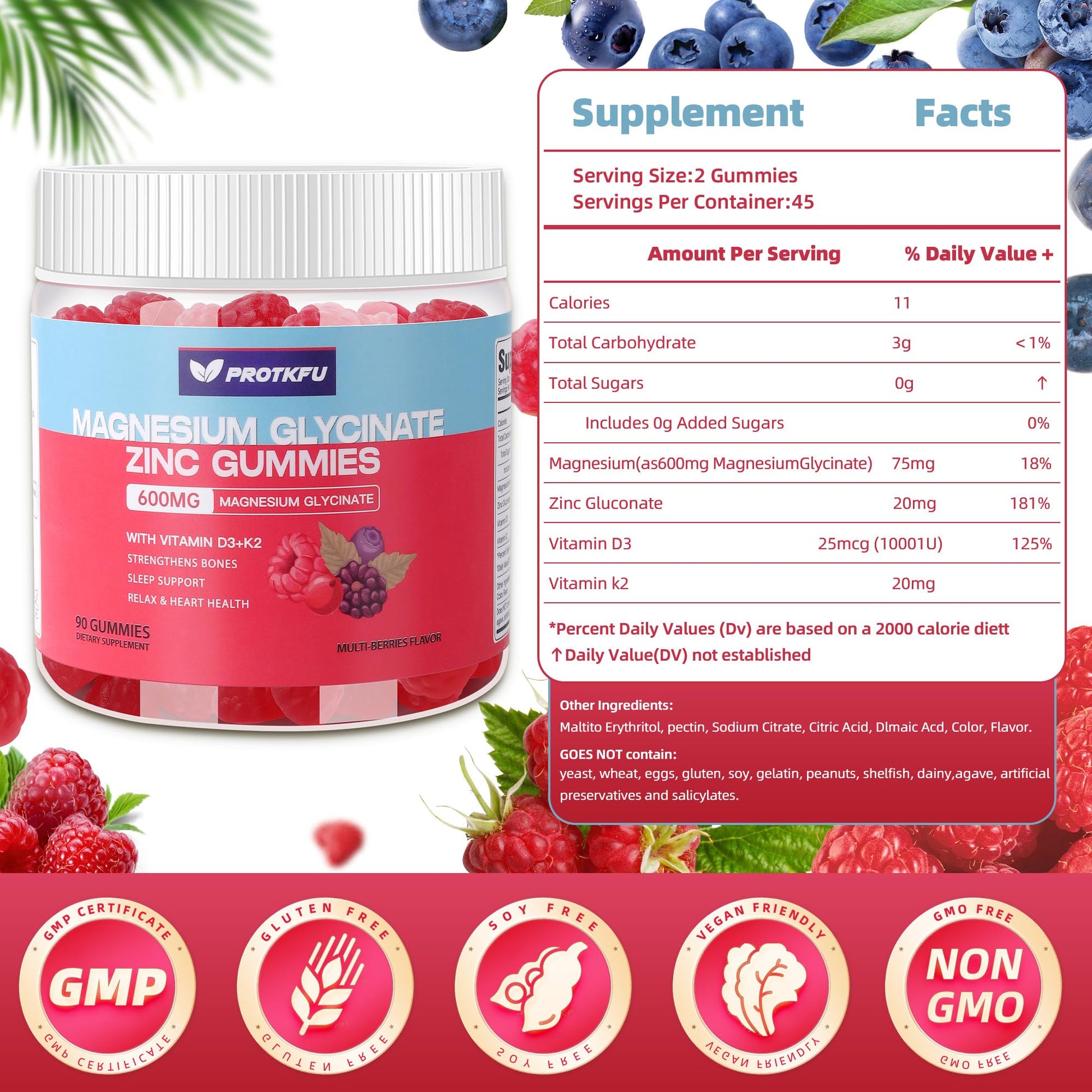 90 CT Magnesium Glycinate Gummies 600mg, Sugar Free Magnesium Gummies w/Zinc & Vitamin D3 & K2 - Magnesium Supplements for Sleep, Supports Bone Health, Nerve & Immune Function ProTKFU buy australia supplements