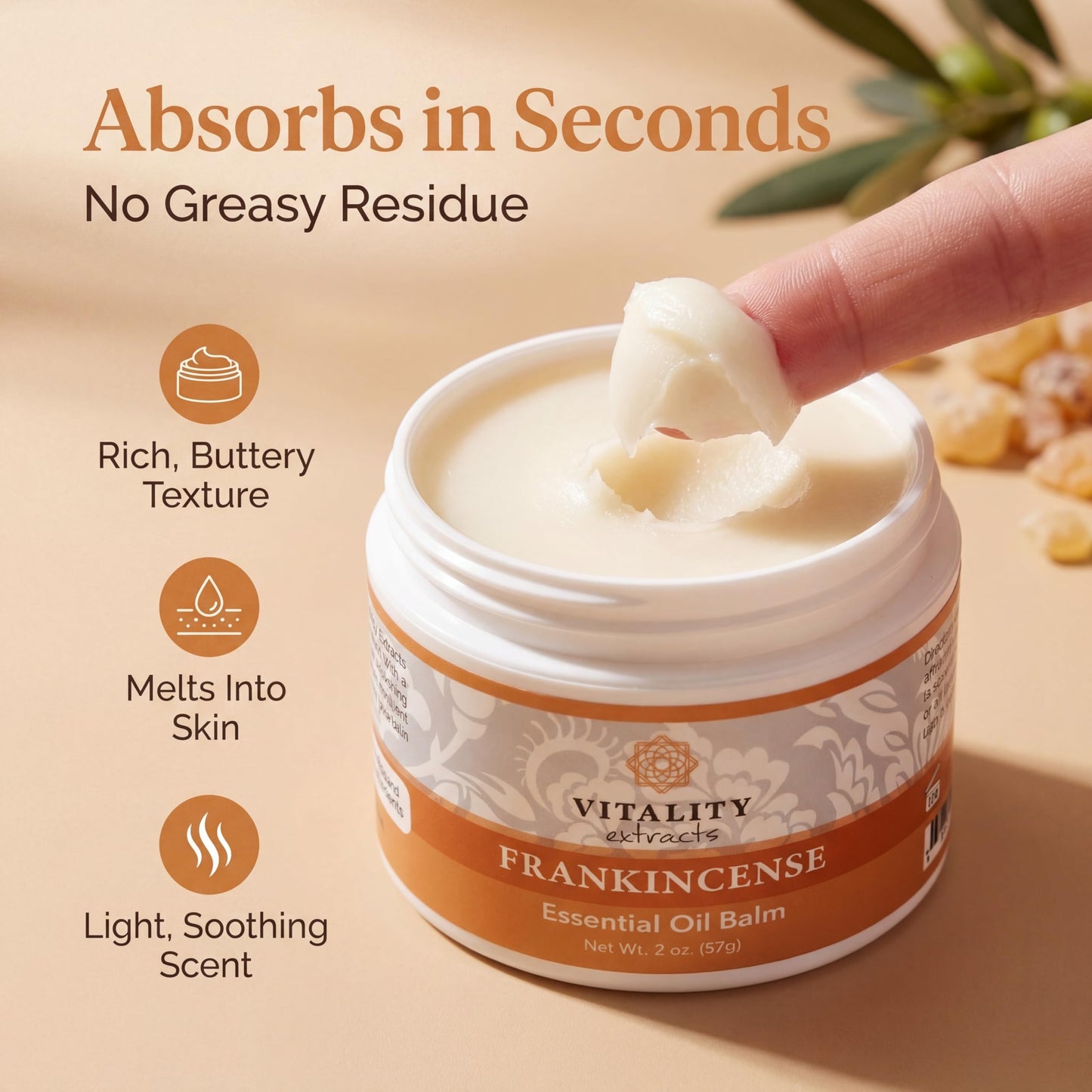 Vitality Extracts Frankincense Balm - 2oz, Boswellia Serrata, Beeswax, Olive Oil, Moisturizer for Dry, Cracked Skin, All Skin Types Vitality