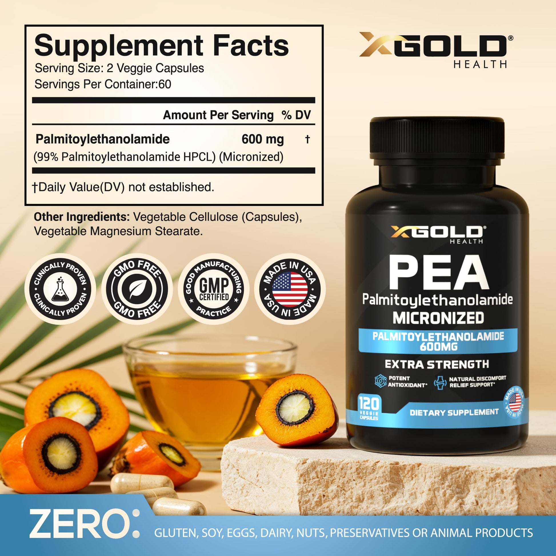 Palmitoylethanolamide Pea Supplement 600 mg | Micronized Pea 99% Highly Purified and Bioavailable | Made in USA | Supplement for Men and Women - 120 Capsules X Gold Health buy australia supplements