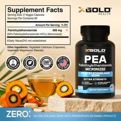 Palmitoylethanolamide Pea Supplement 600 mg | Micronized Pea 99% Highly Purified and Bioavailable | Made in USA | Supplement for Men and Women - 120 Capsules X Gold Health