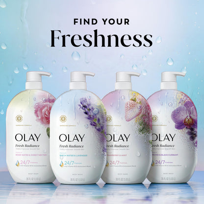 Olay Body Wash for Women, Fresh Radiance, 24/7 Skin-Loving Freshness, Visibly Radiant, Plant Based Cleansers, Vitamin B3 & Antioxidant Blend, For All Skin Types, Birch Water & Lavender Scent, 35 fl oz Olay